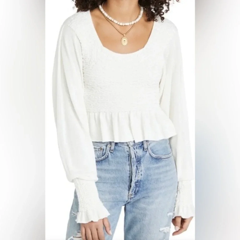 Free People Women's Free Spirit Smocked Cream Peplum Top‎ XS Boho Ethereal Fairy